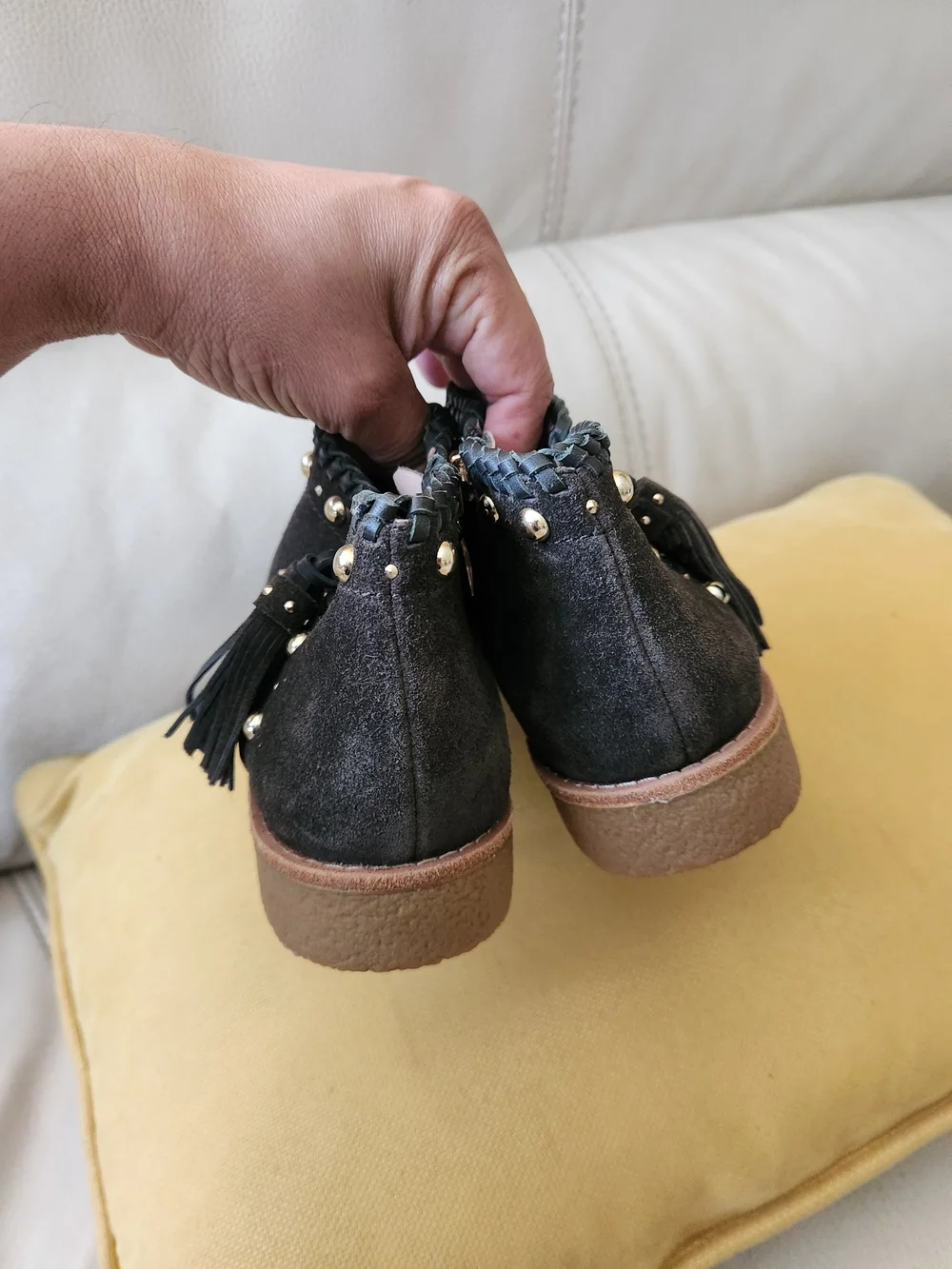 kate spade Black Suede Ankle Booties with Braided Trim and Tassels